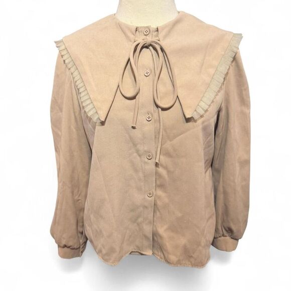 YIKU Women’s Tan button down blouse w/ ruffled oversized Peter Pan Doll collar - Picture 1 of 6